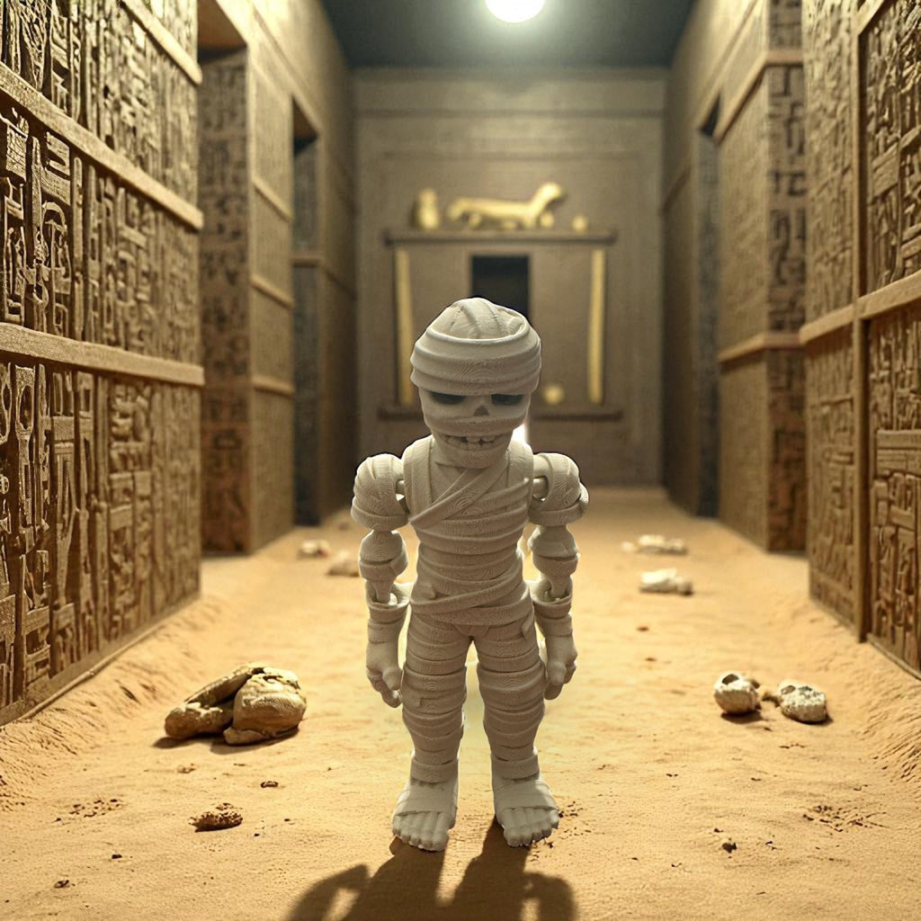 Mummy figurine in a decorative Egyptian tomb setting with hieroglyphics on the walls.