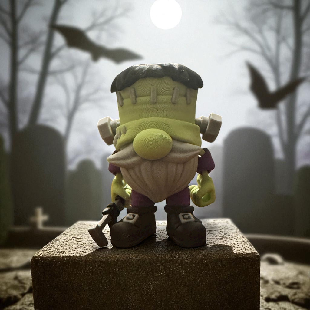 Frankenstein Gnome standing on a stone block in a foggy, forested area.