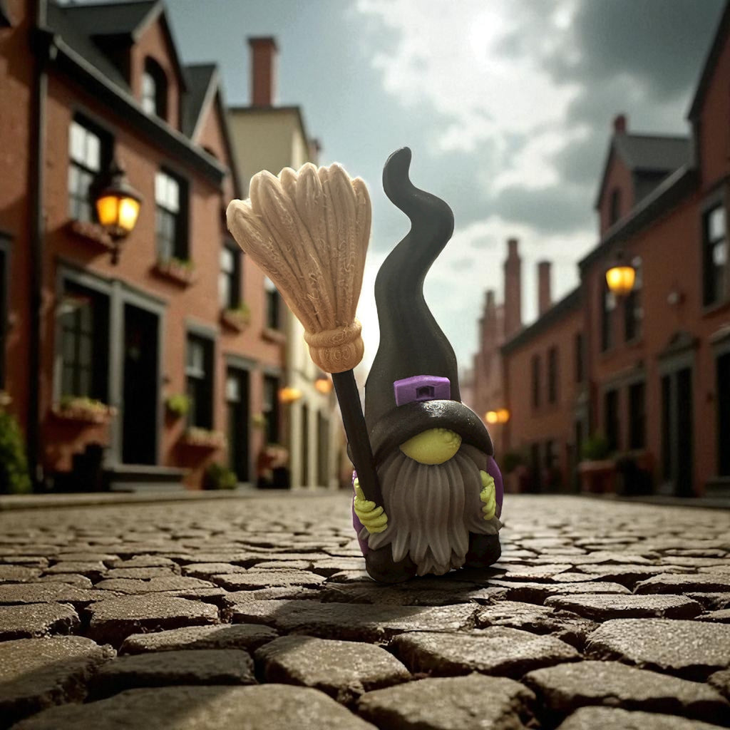 Gnome with a broomstick on a cobblestone street with buildings in the background