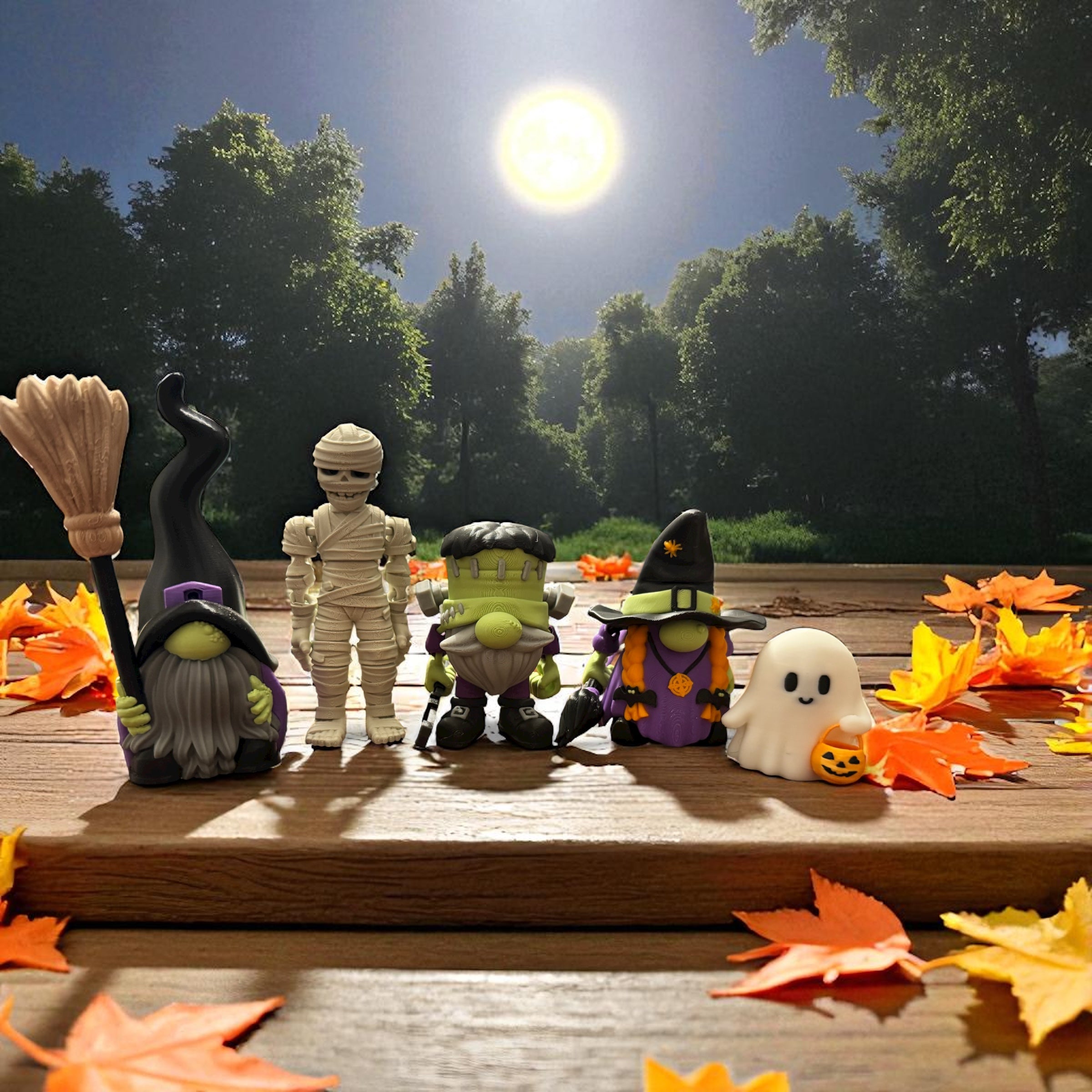 Halloween-themed figurines on a wooden surface with autumn leaves and trees in the background.