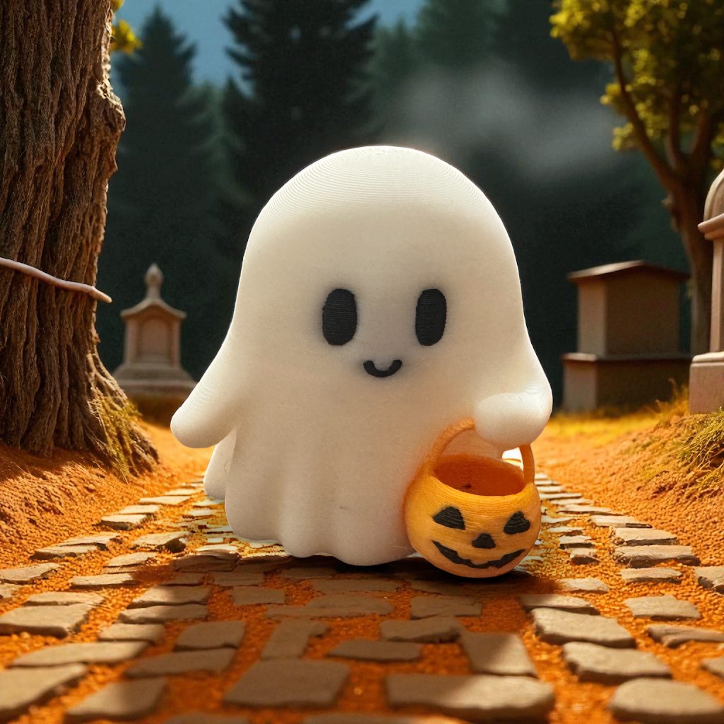Cartoon ghost holding a pumpkin bucket in a Halloween-themed setting with tombstones and trees.