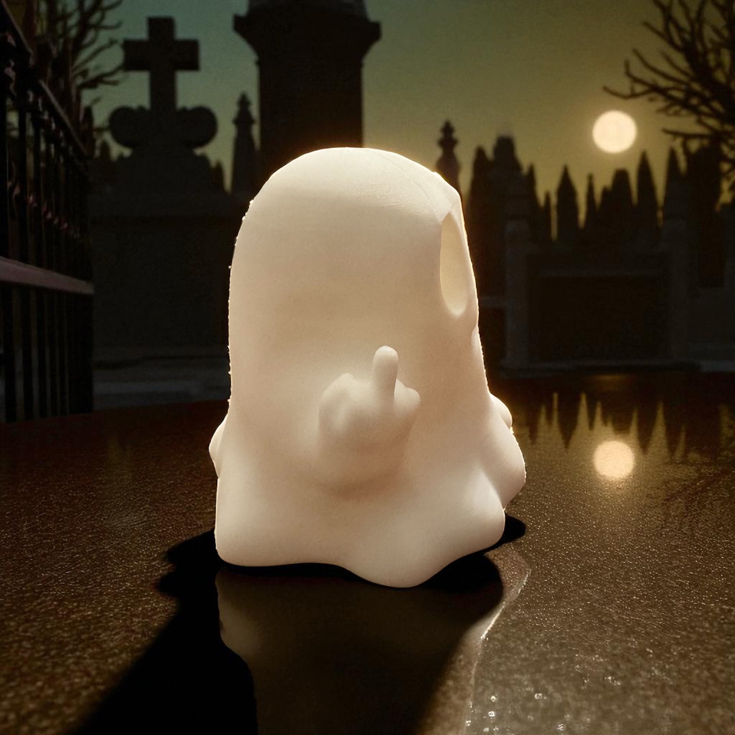 Ghost-shaped object with middle finger gesture in a cemetery setting